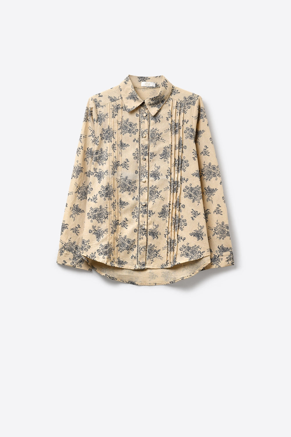Beige Floral Printed Button-Up Shirt with chrochet Detail - Shirts