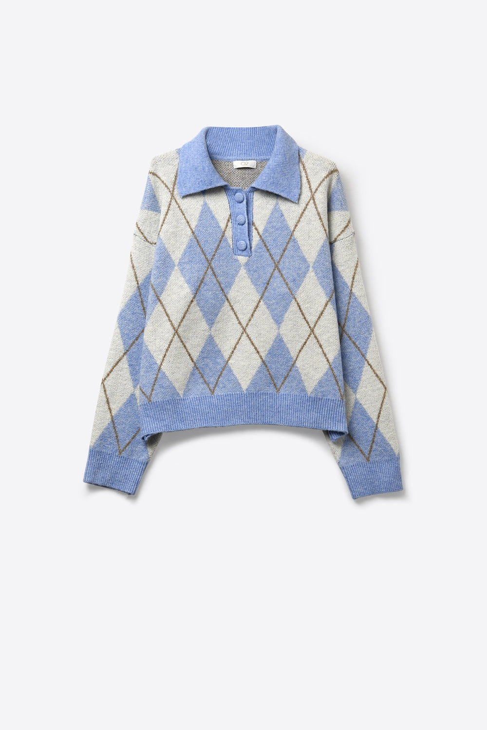 Fluffy Argyle Knit Sweater in blue with Polo Collar - jumper