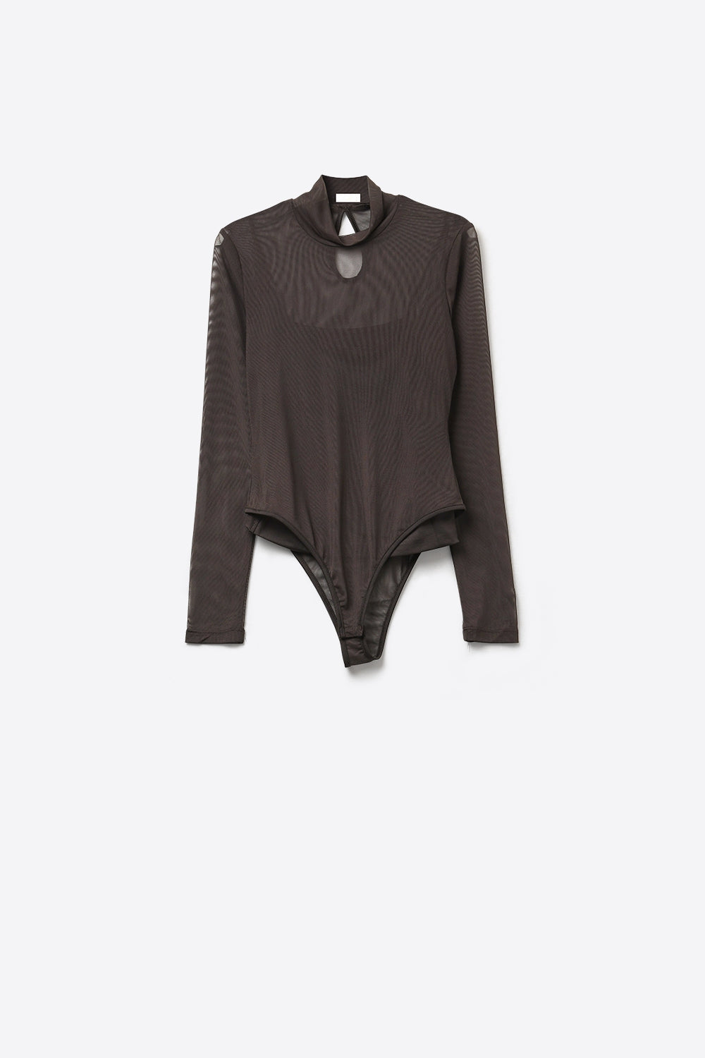 Brown Sheer Mesh Long Sleeve Mock Neck Bodysuit