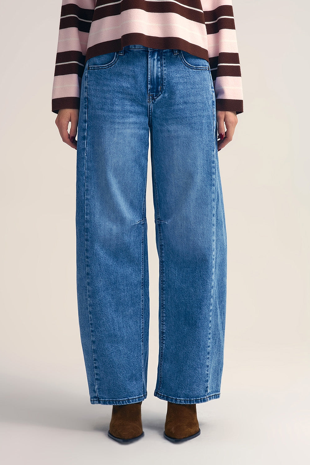 Straight barrel-style jeans with knee stitching detail - Denim