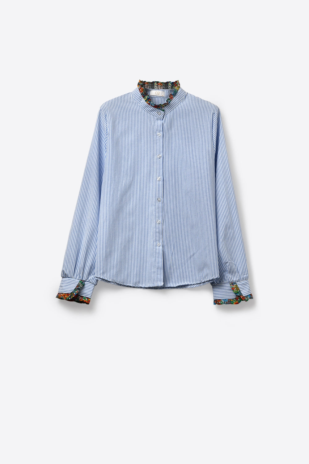 Light Blue Striped Button-Up Shirt with Floral Trim - Shirts