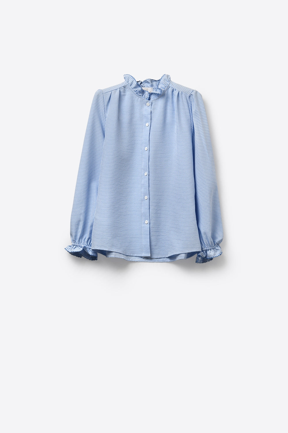 Light Blue Gingham Ruffle Collar Button-Up Shirt - Shirts