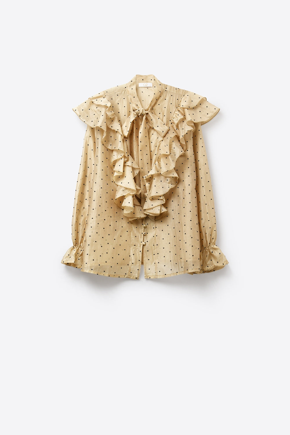 Beige Polka Dot Ruffled Tie-Neck Blouse - Shirts