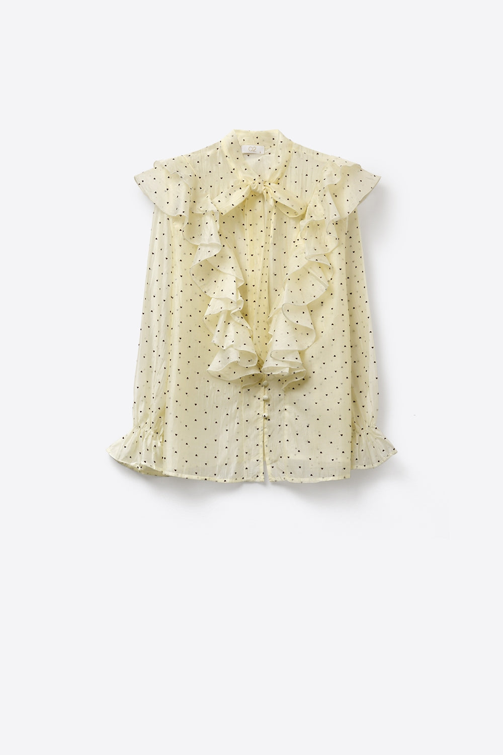 Cream Polka Dot Ruffle Front Blouse with Frilled Cuffs - Shirts