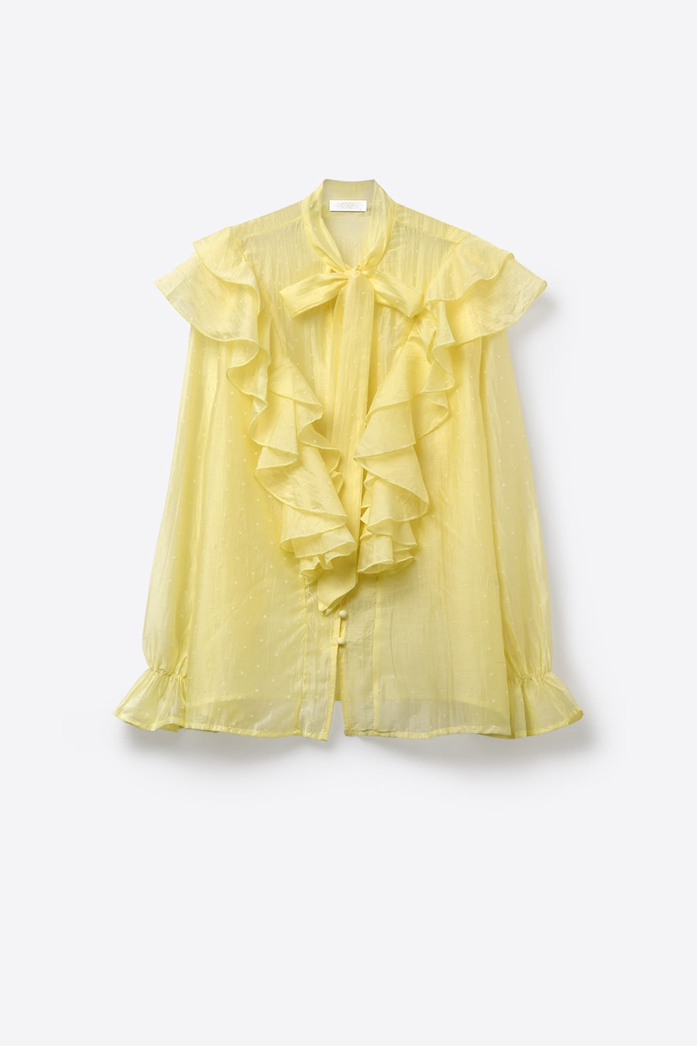 Yellow Ruffled Sheer Blouse with Bow Neck Tie - Shirts
