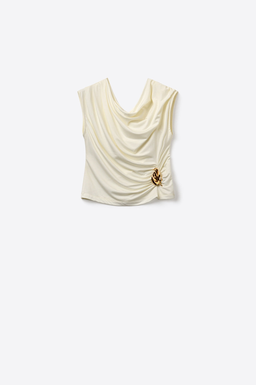 Cream Draped Sleeveless Top With gold Metal Decor