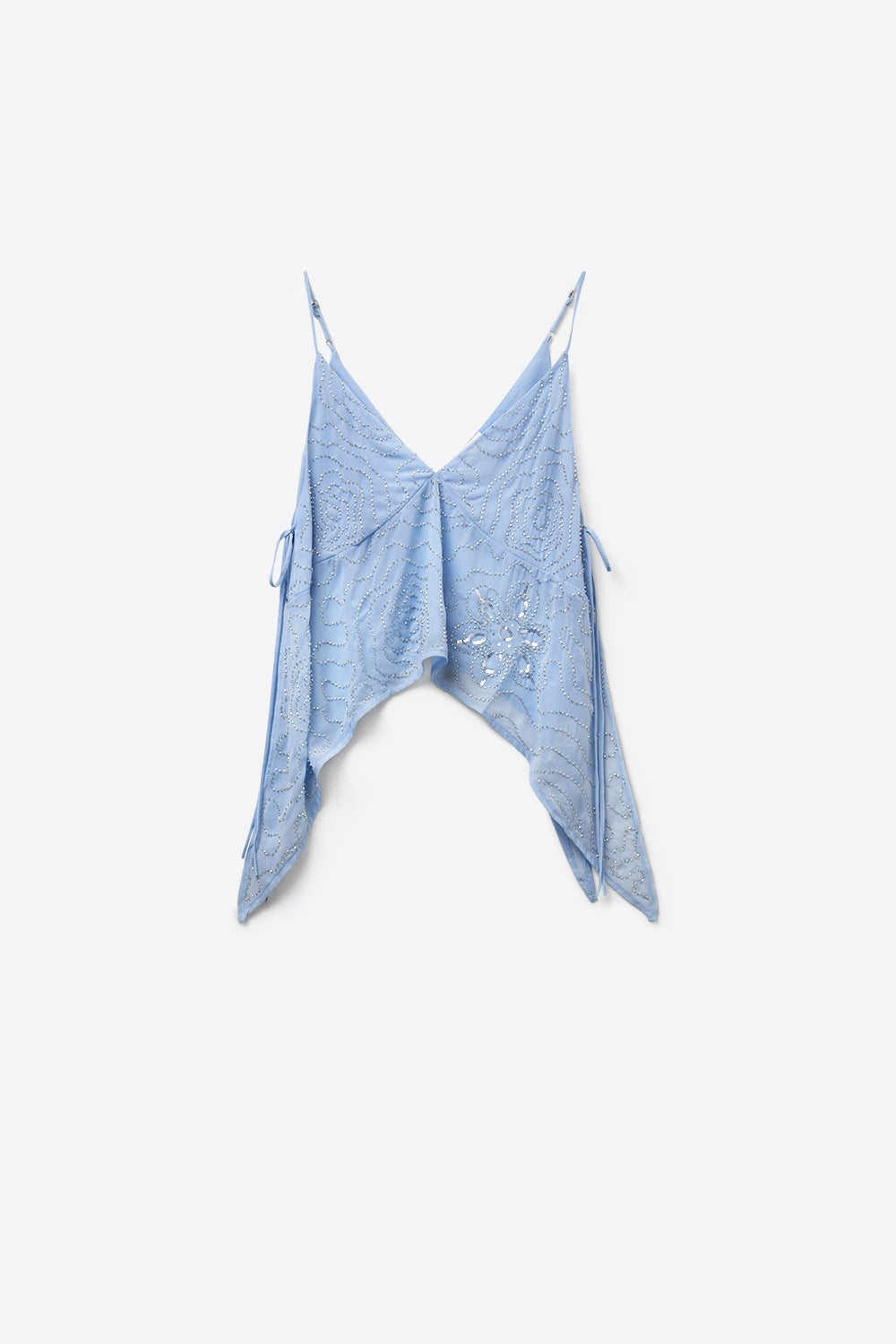 Light Blue chiffon Asymmetric Hem Top with Beaded embellishment - top