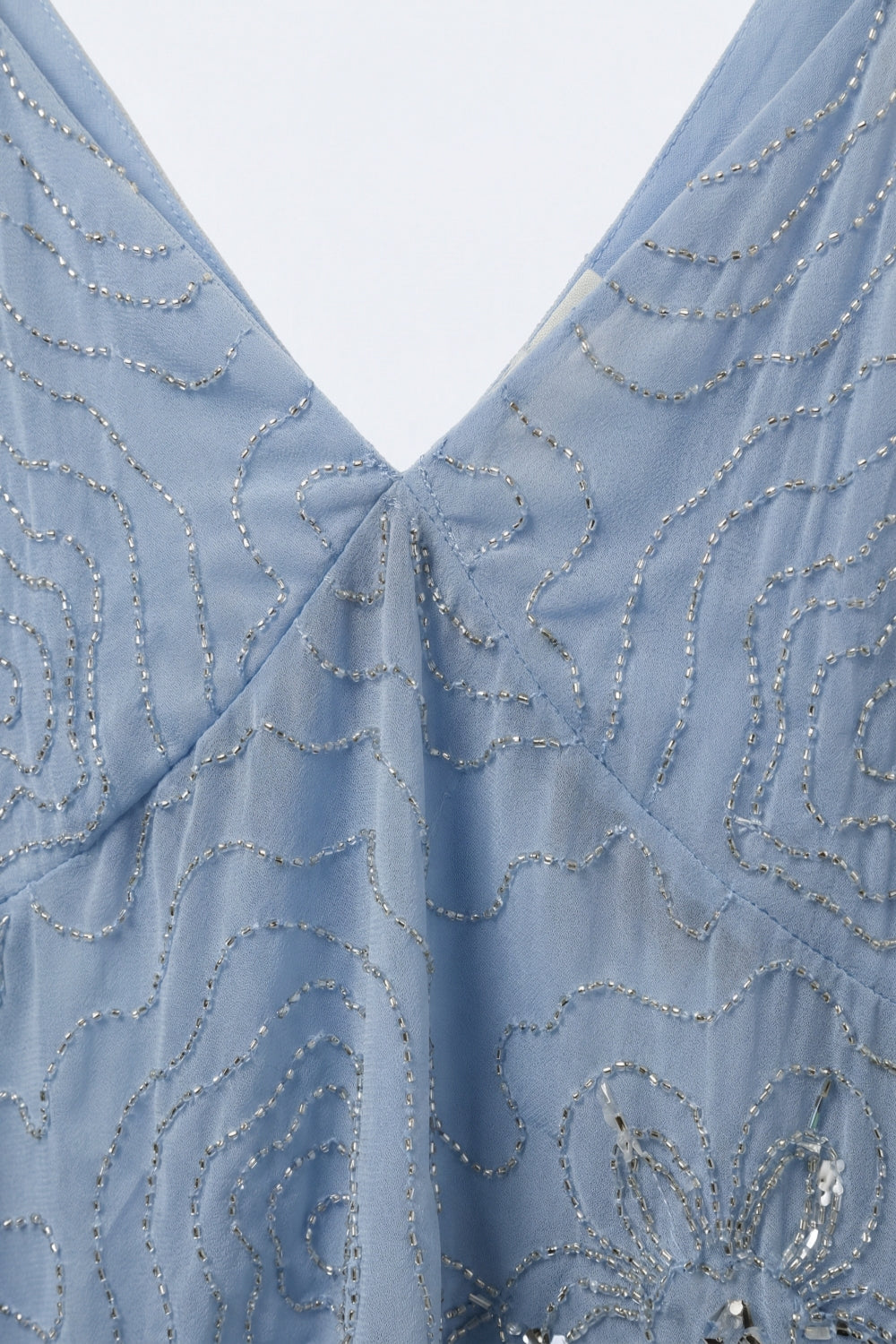 Light Blue chiffon Asymmetric Hem Top with Beaded embellishment - top