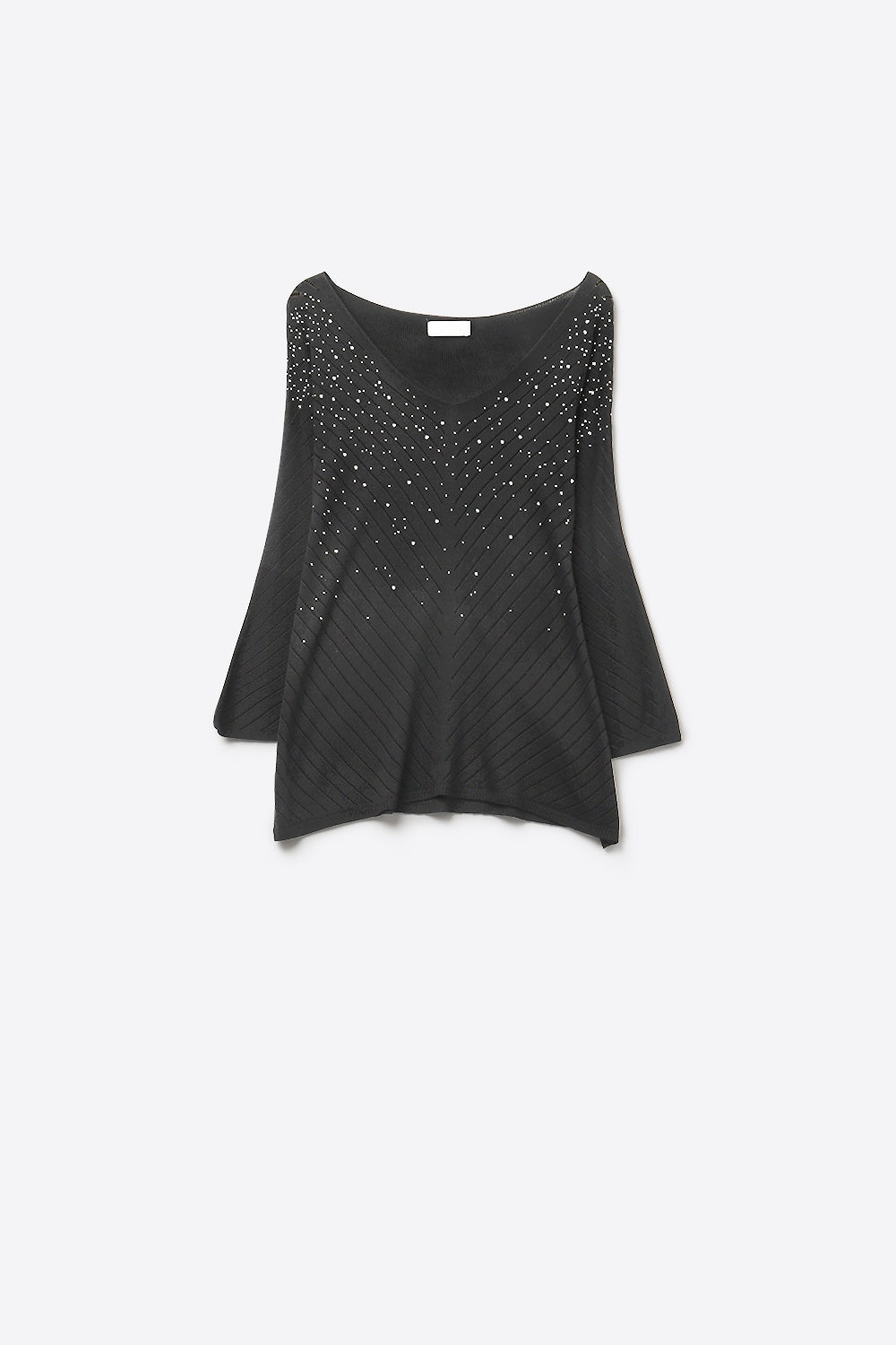 Black Embellished V-Neck Knit Top with Flared Silhouette