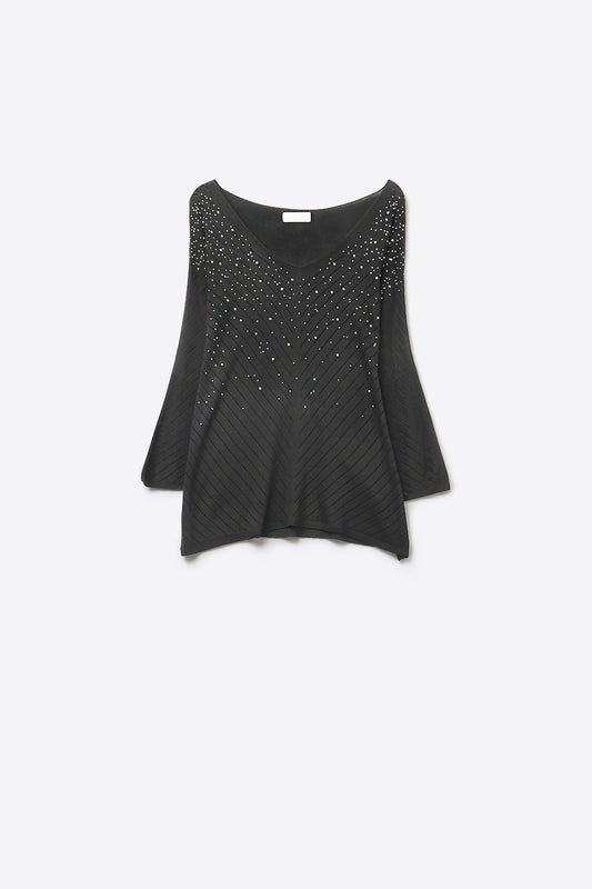 Black Embellished V-Neck Knit Top with Flared Silhouette
