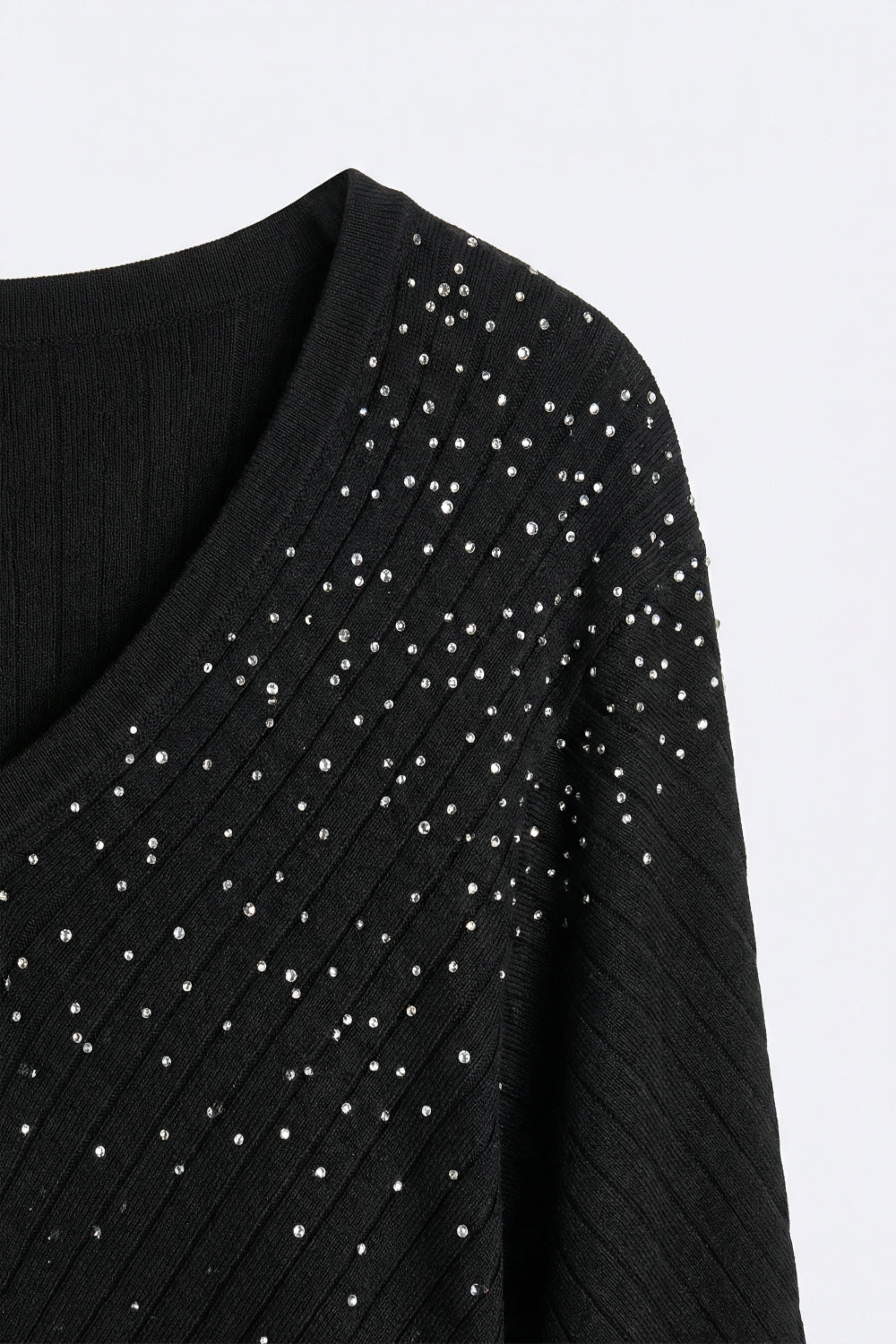 Black Embellished V-Neck Knit Top with Flared Silhouette