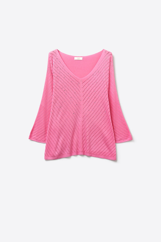 Pink V-Neck Sweater with Subtle Sparkle Detail - Jumpers
