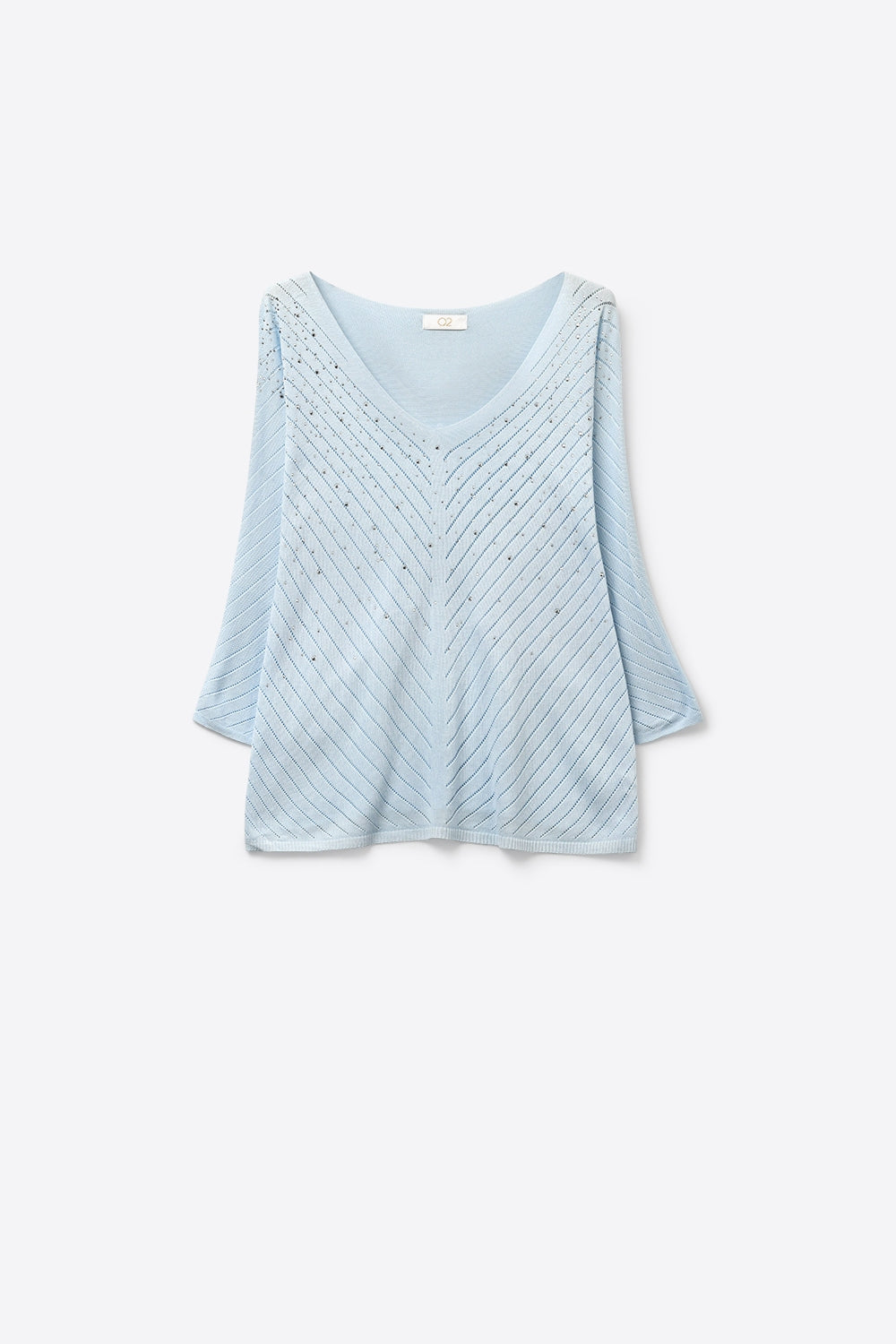 Light Blue Knit V-Neck Sweater with Sparkle Detail