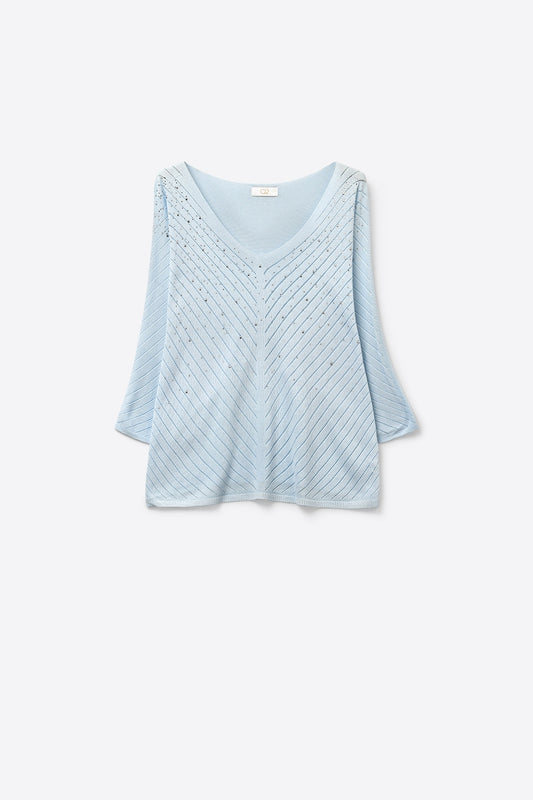 Light Blue Knit V-Neck Sweater with Sparkle Detail - Jumpers