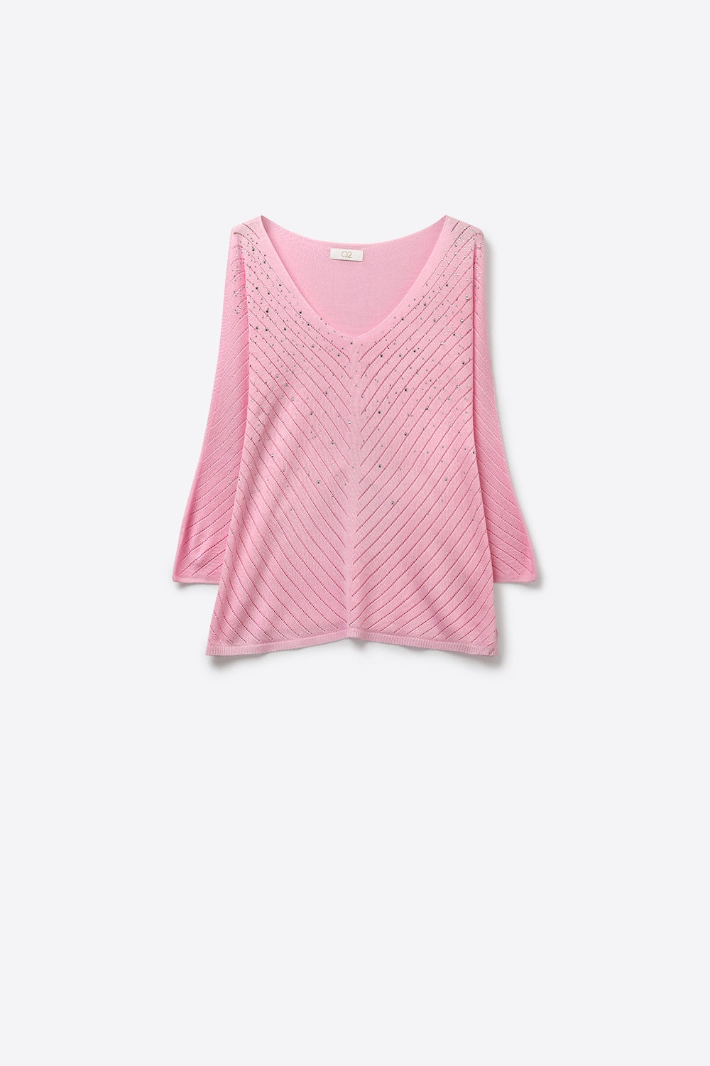 Pink V-Neck Lightweight Knit Sweater with Bead Detail
