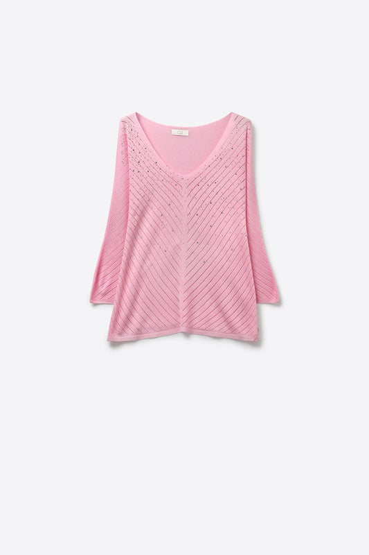 Pink V-Neck Lightweight Knit Sweater with Bead Detail - Jumpers