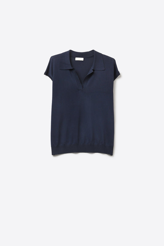 Navy Fine Knit Short Sleeve Polo - Polos