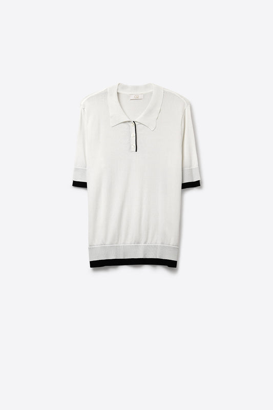White Polo Sweater with Black Trim Detail