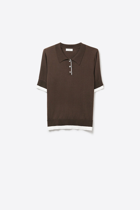 Brown Short Sleeve Polo Sweater with Contrast Trim