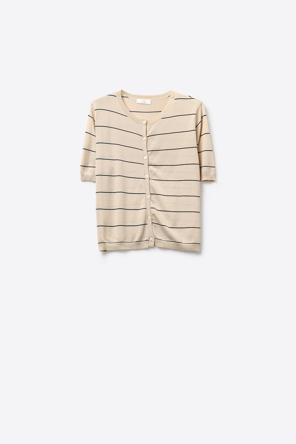 Beige Striped Button-Up Short Sleeve Cardigan - Cardigans