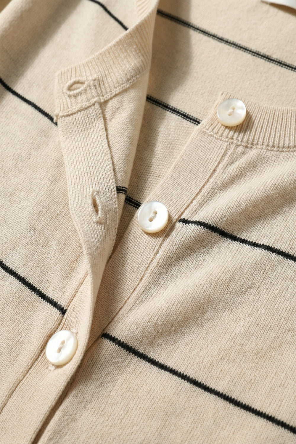Beige Striped Button-Up Short Sleeve Cardigan - Cardigans