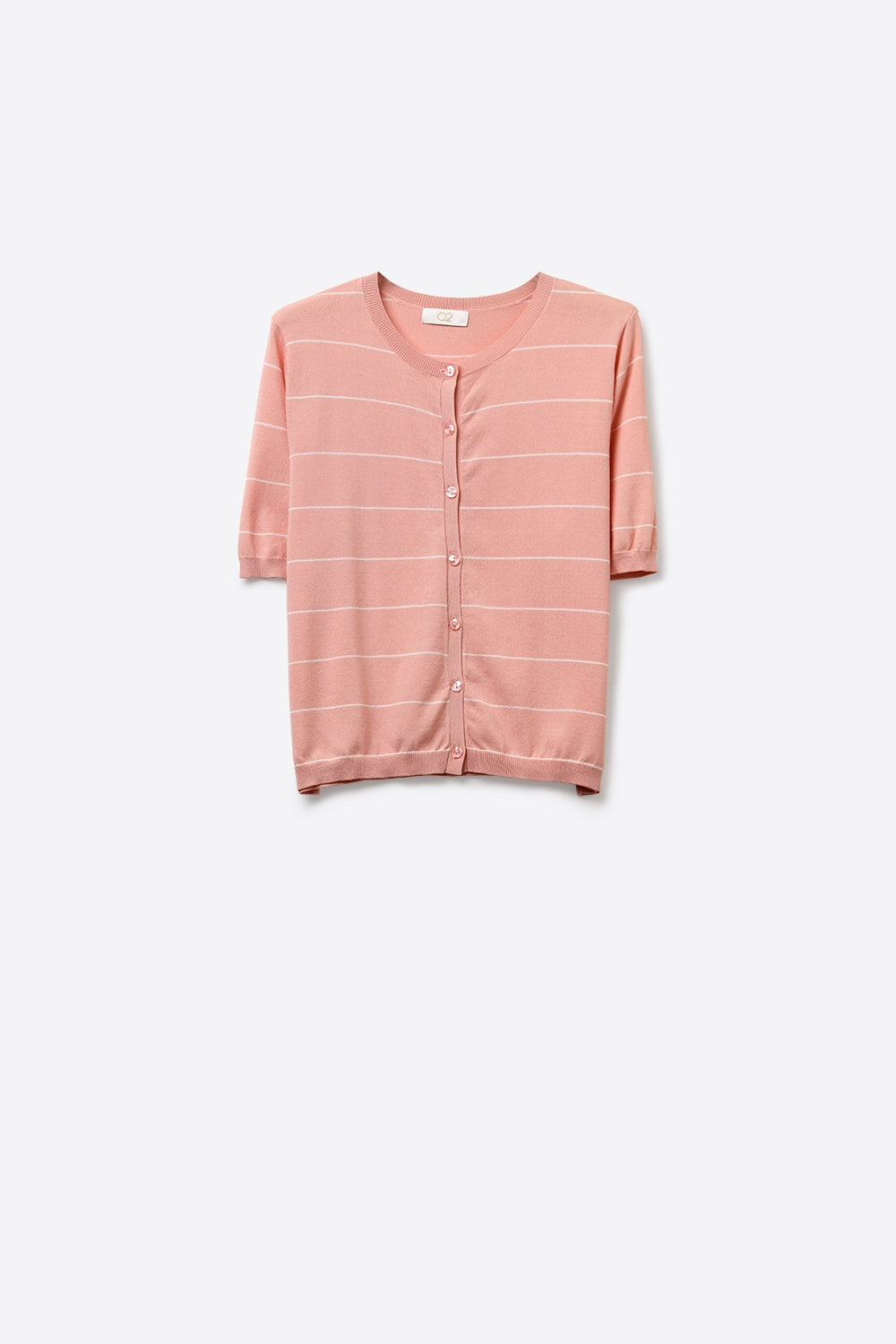 Pink Striped Knit Button-Up Cardigan with short sleeves