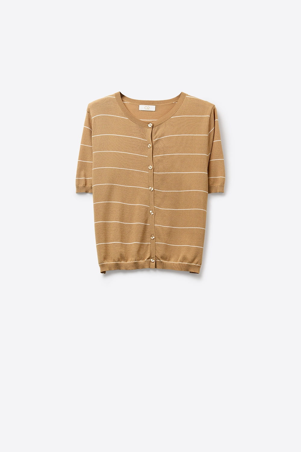Camel Striped Short Sleeve Button-Up Cardigan