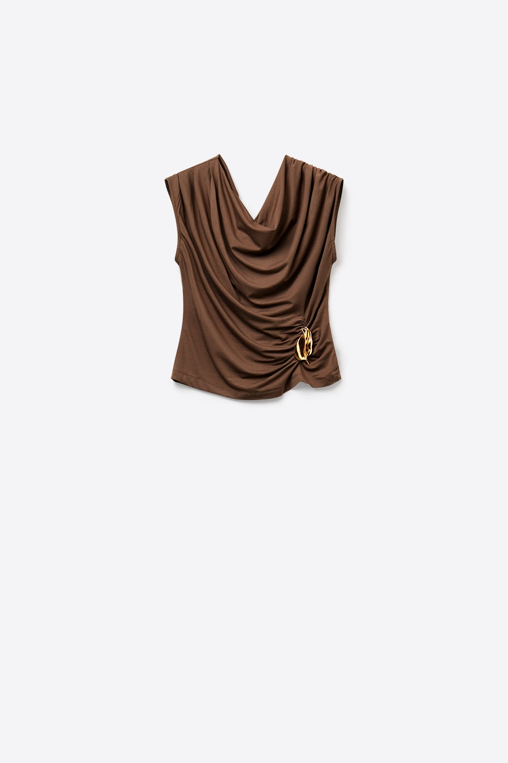 Brown Sleeveless Draped Top With gold Metal Decor