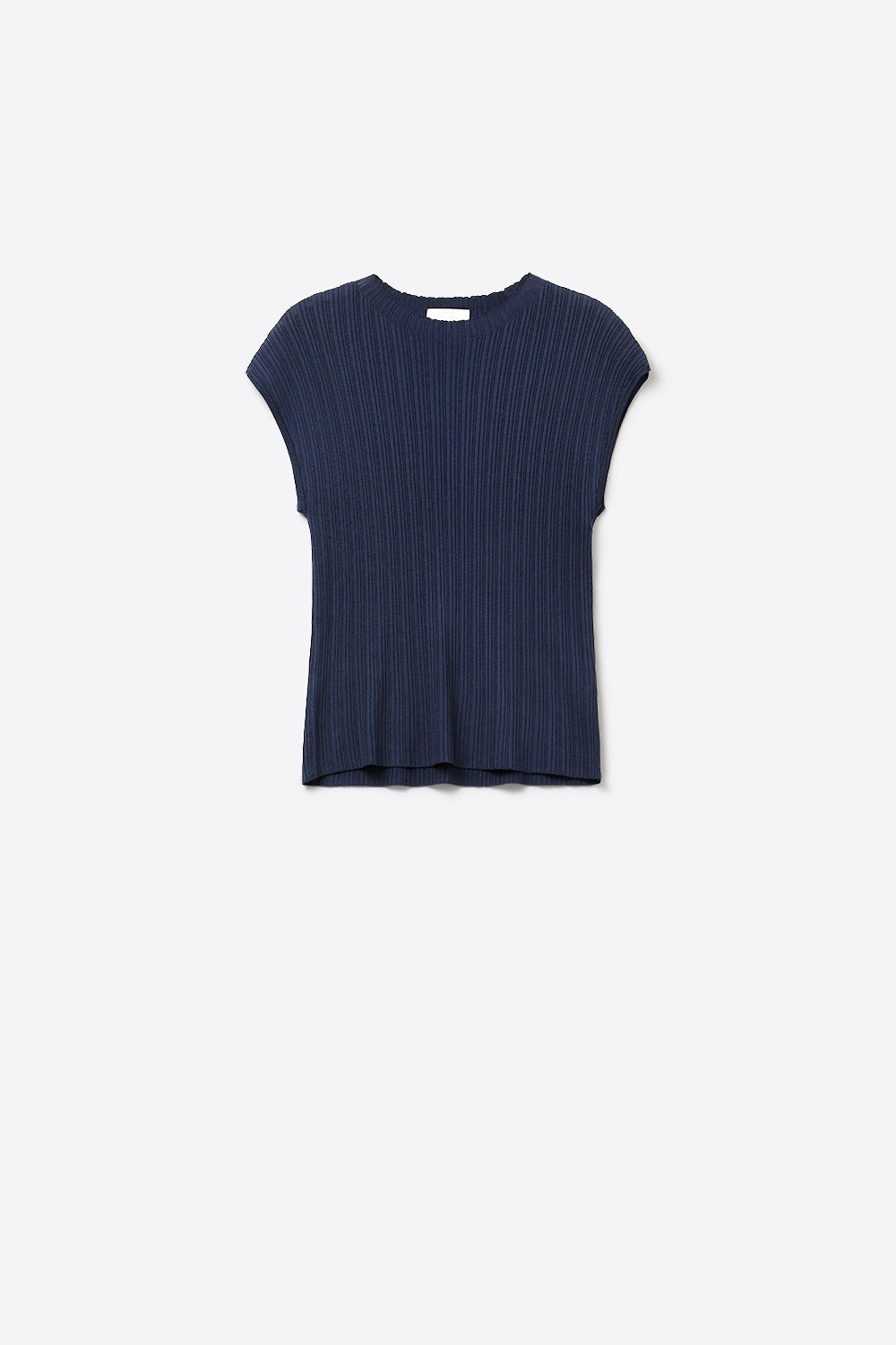 Navy Ribbed Knit Sleeveless sweater with closed neck