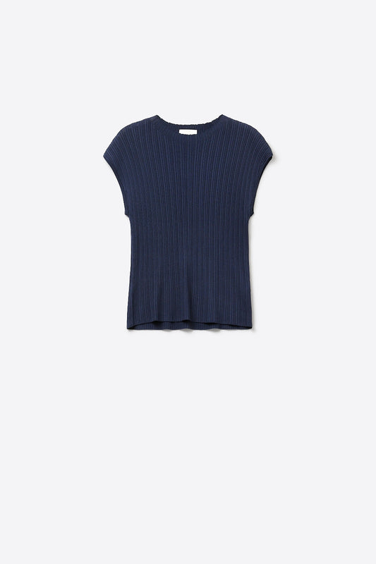 Navy Ribbed Knit Sleeveless sweater with closed neck