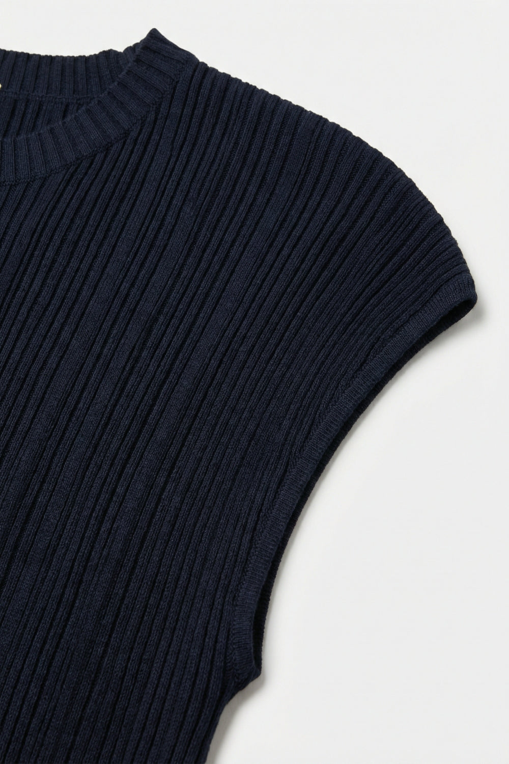 Navy Ribbed Knit Sleeveless sweater with closed neck
