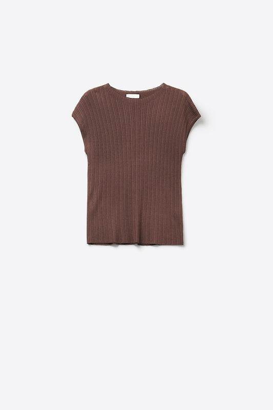 Brown Ribbed Knit Cap Sleeve Top - Jumpers
