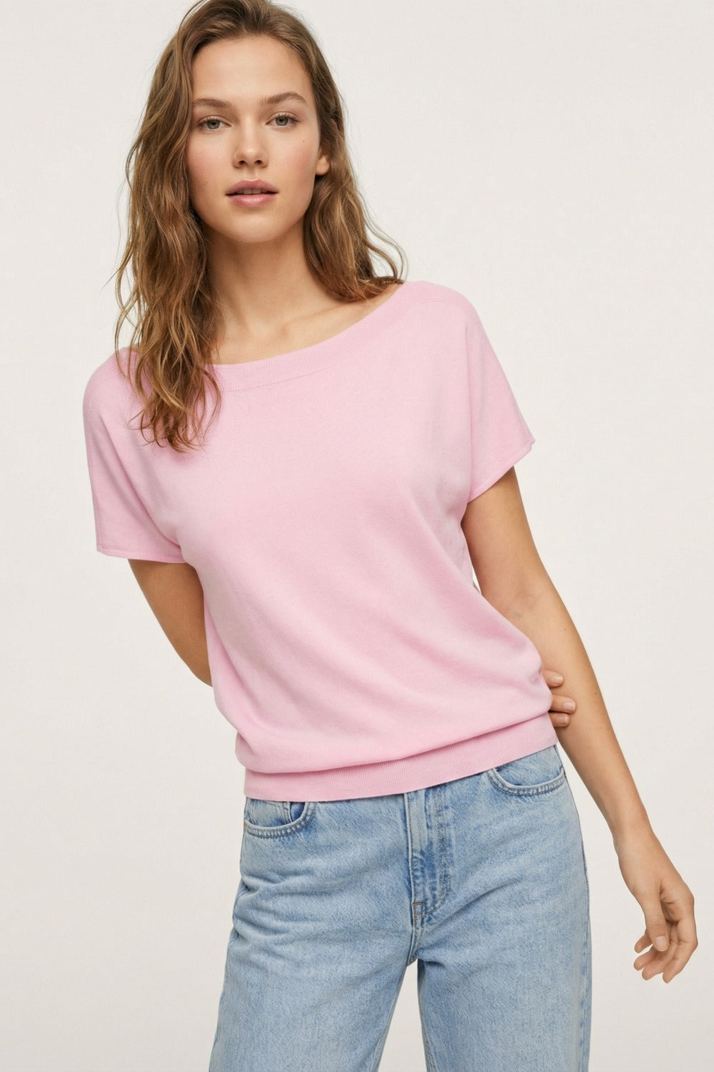 Relaxed baby pink boatneck sweater with dropped sleeves