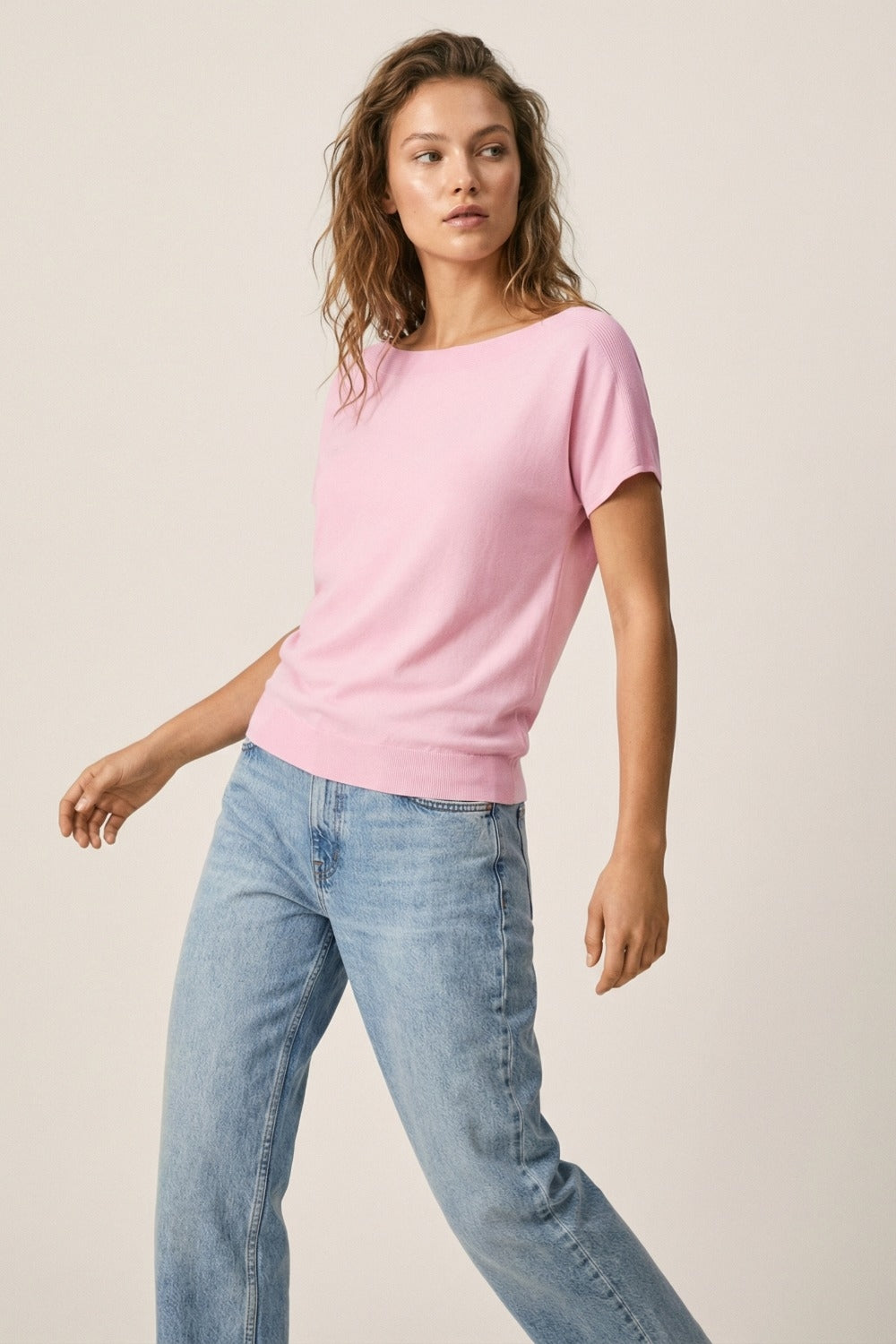 Relaxed baby pink boatneck sweater with dropped sleeves
