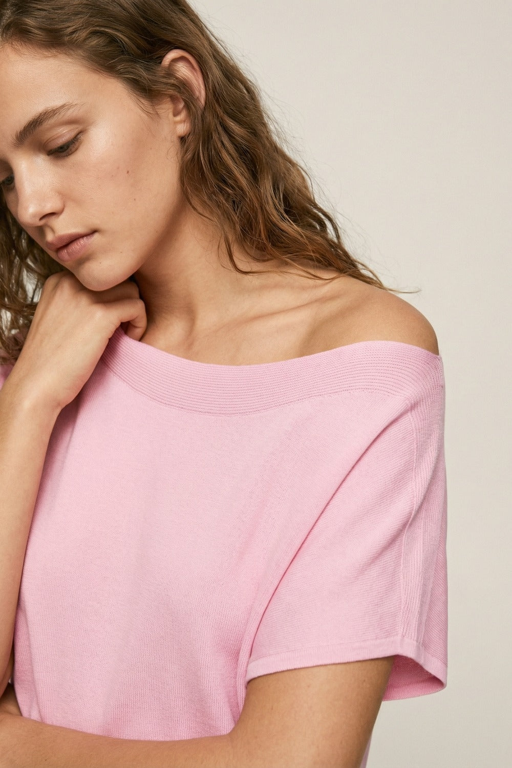 Relaxed baby pink boatneck sweater with dropped sleeves