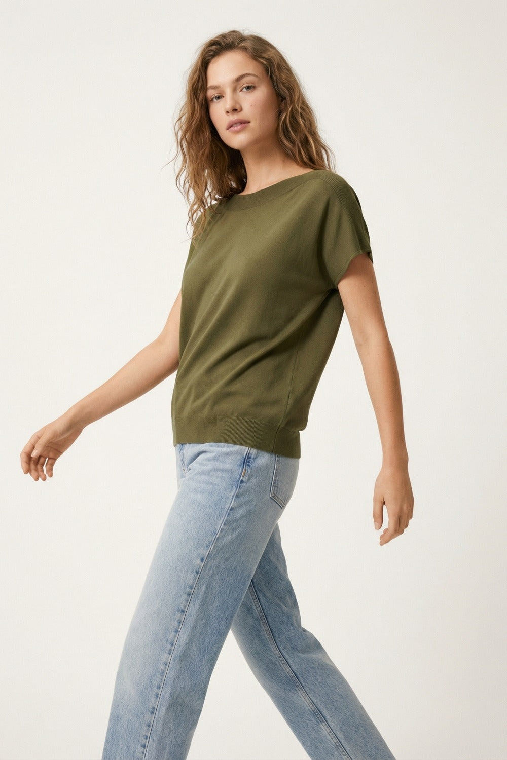 Relaxed khaki boatneck sweater with dropped sleeves