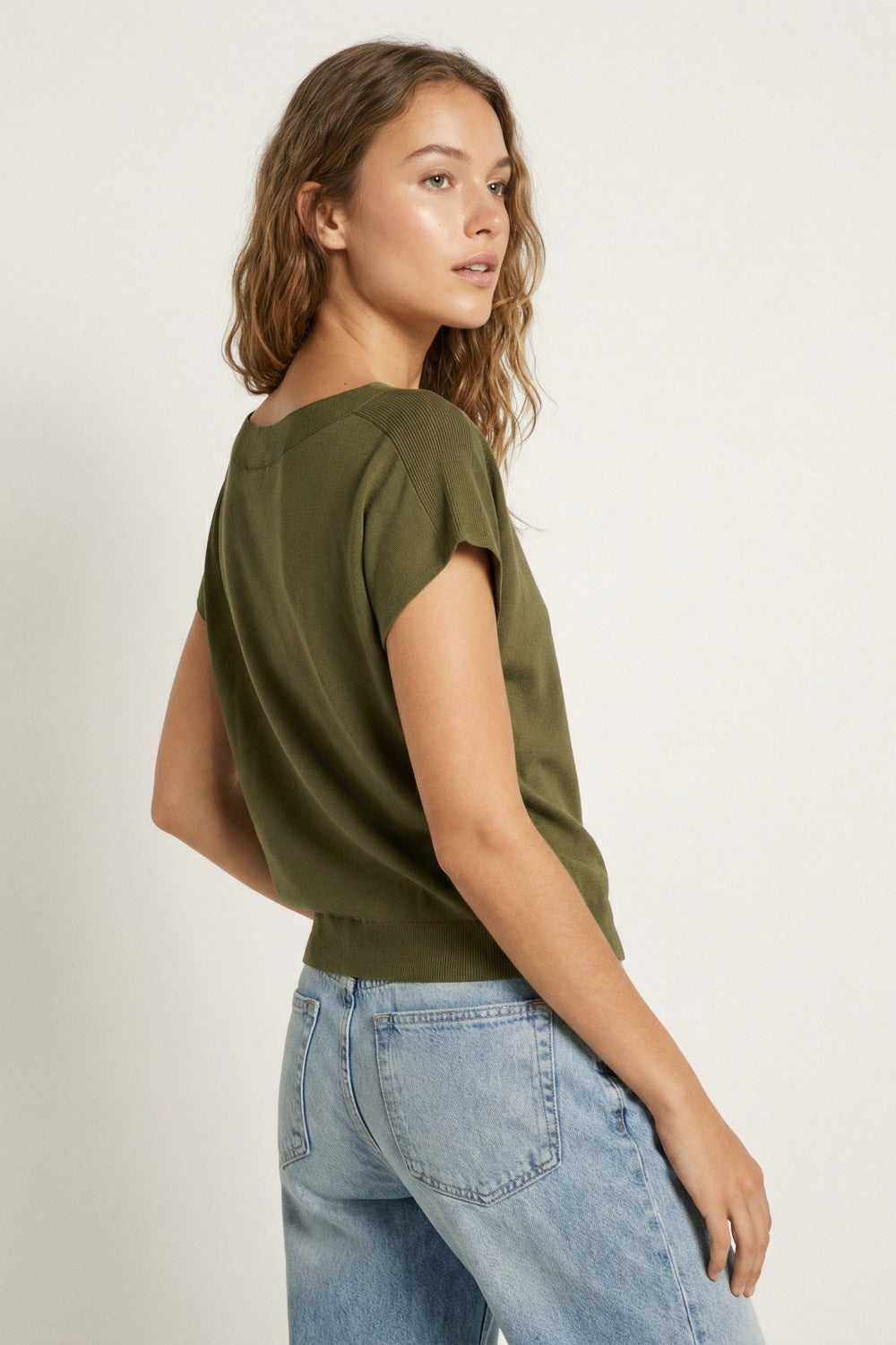 Relaxed khaki boatneck sweater with dropped sleeves