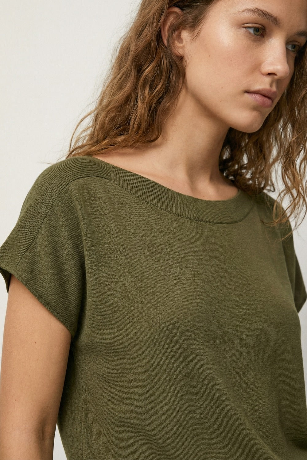 Relaxed khaki boatneck sweater with dropped sleeves