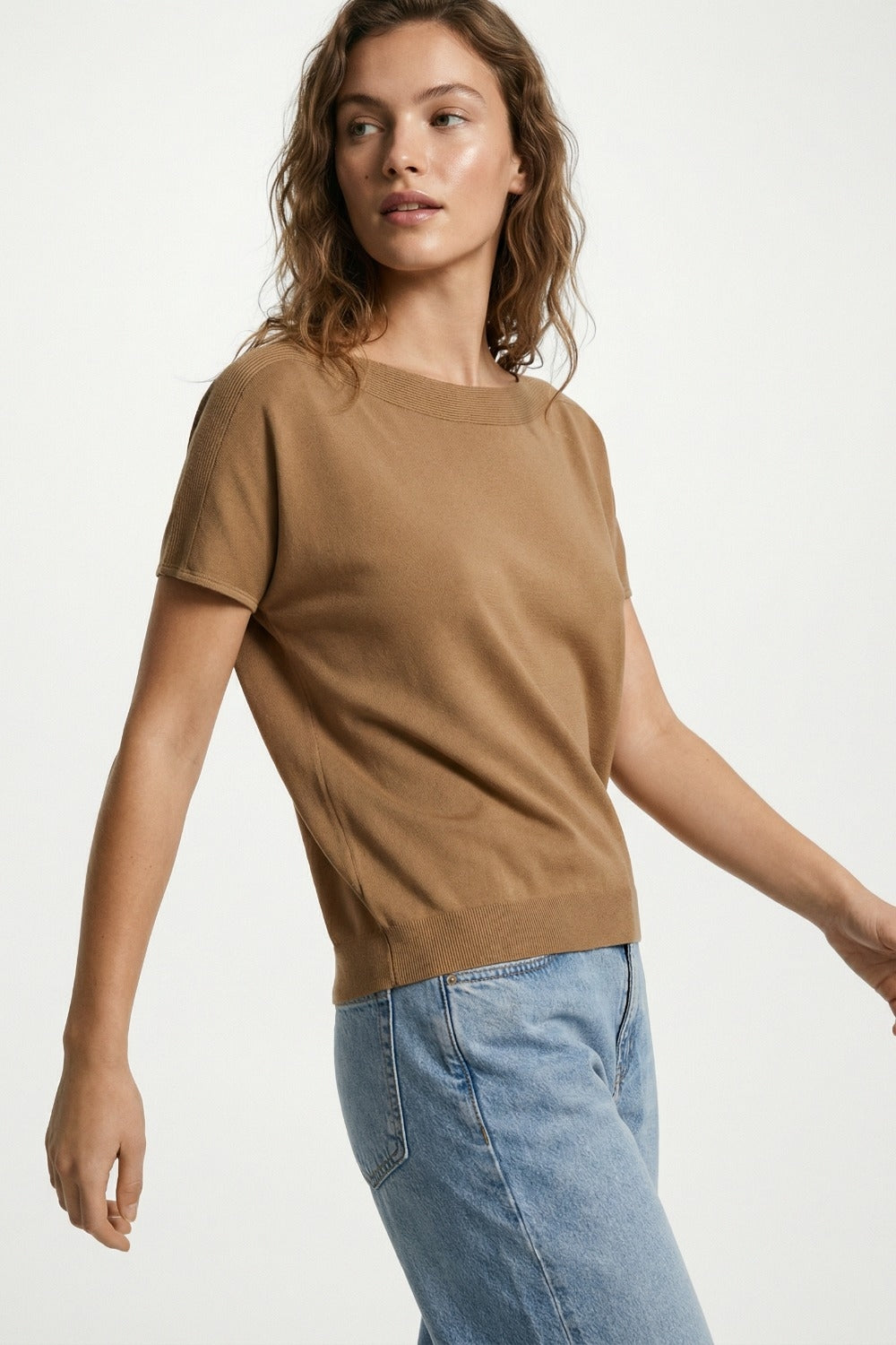 Relaxed camel boatneck sweater with dropped sleeves