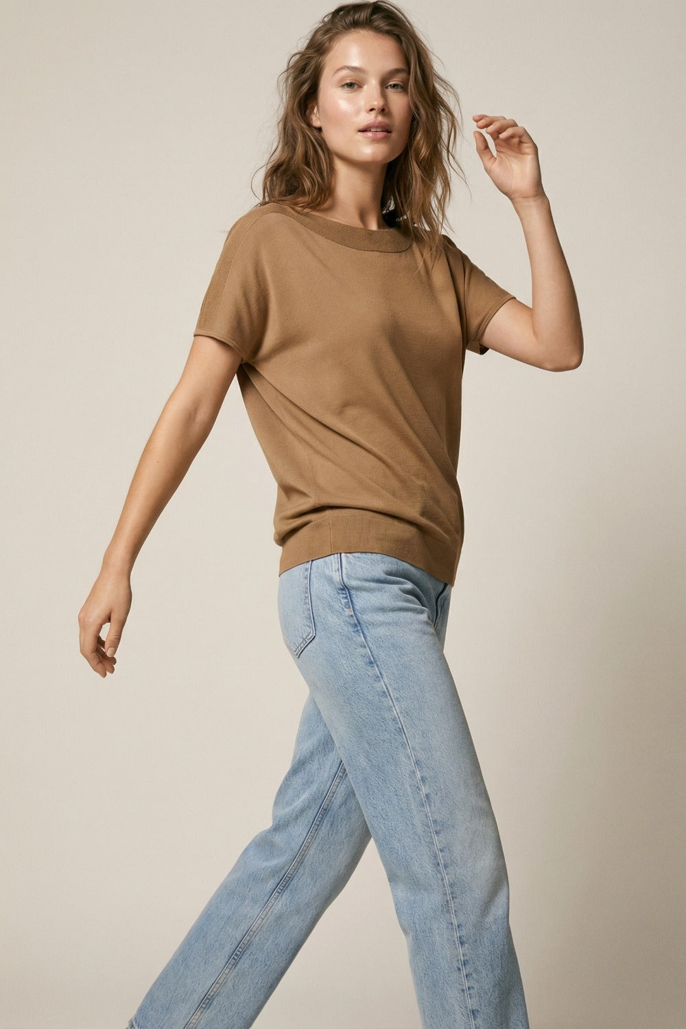 Relaxed camel boatneck sweater with dropped sleeves