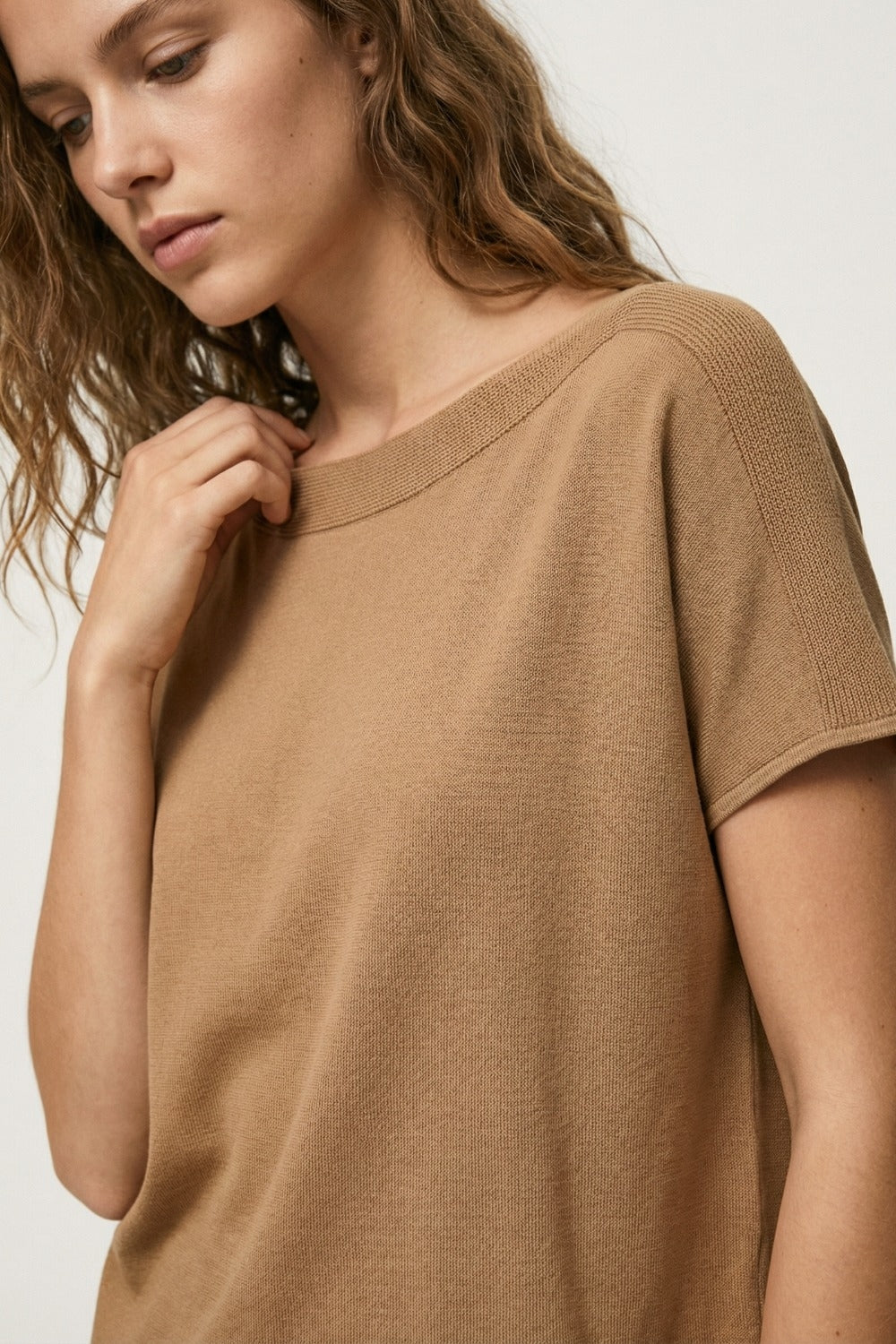 Relaxed camel boatneck sweater with dropped sleeves