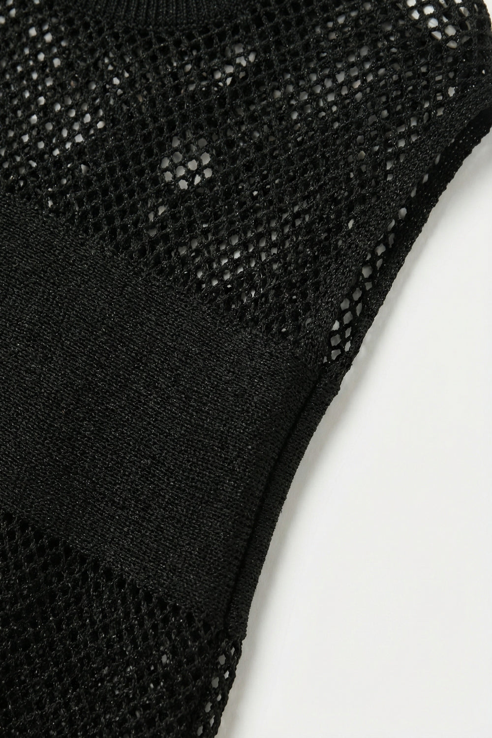 Black Open Knit Relaxed Fit Cap Sleeve Sweater