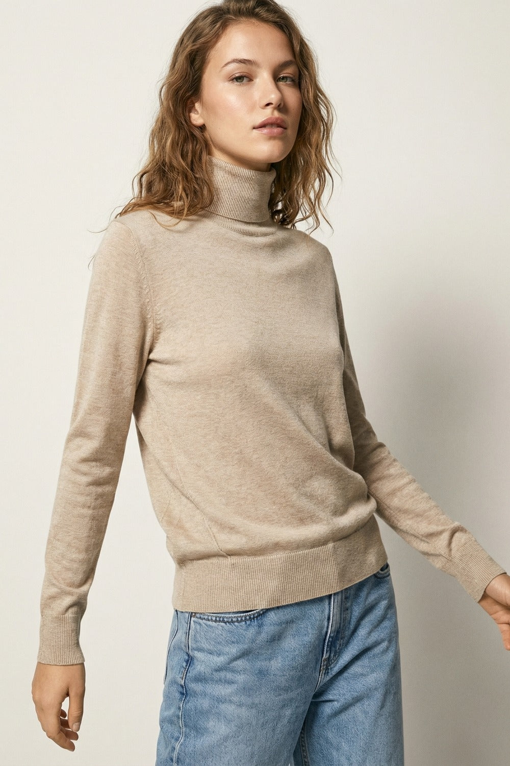 Beige turtleneck sweater in fine merino wool knit