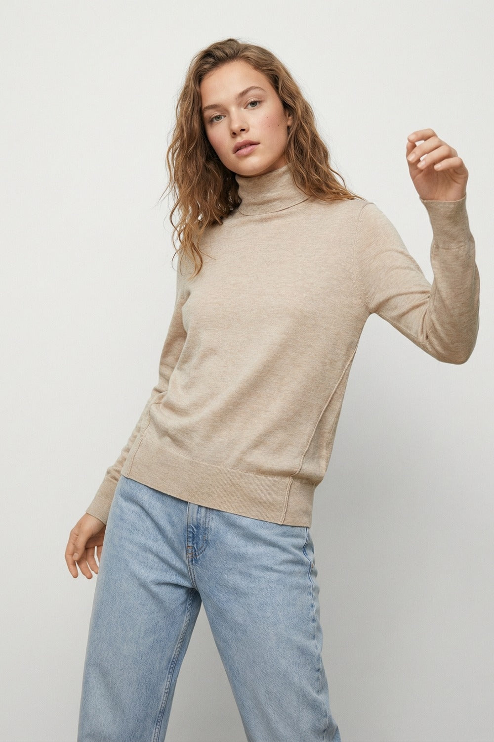 Beige turtleneck sweater in fine merino wool knit