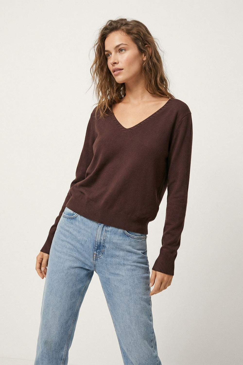 Fine Knit V-Neck Sweater with Decorative Neckline Detail in brown color - Jumpers