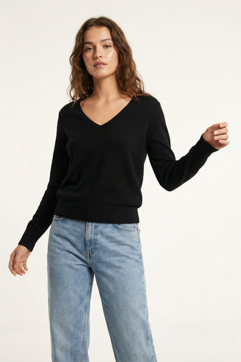 Fine Knit V-Neck Sweater with Decorative Neckline Detail in black color