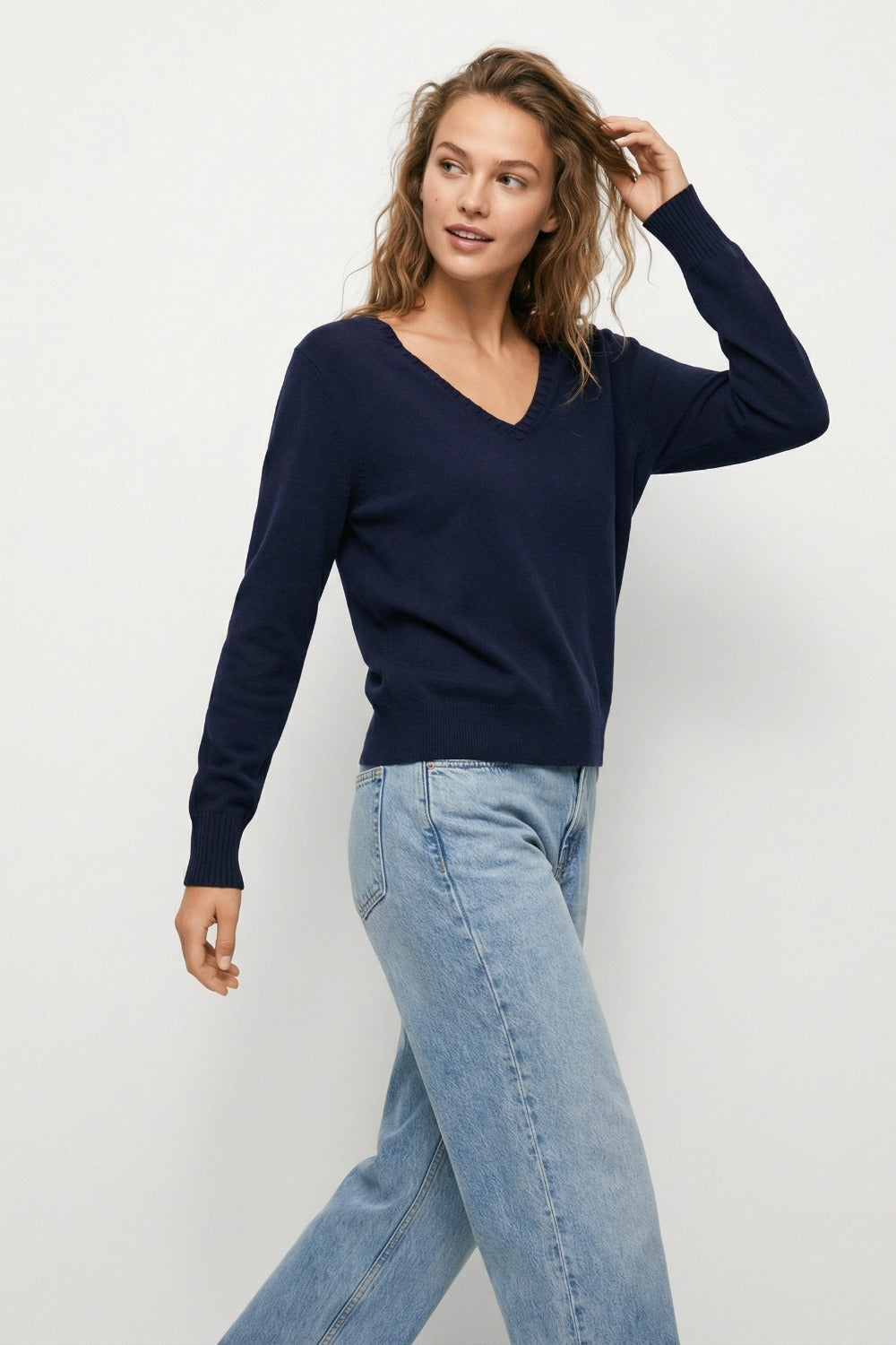 Fine Knit V-Neck Sweater with Decorative Neckline Detail in navy color