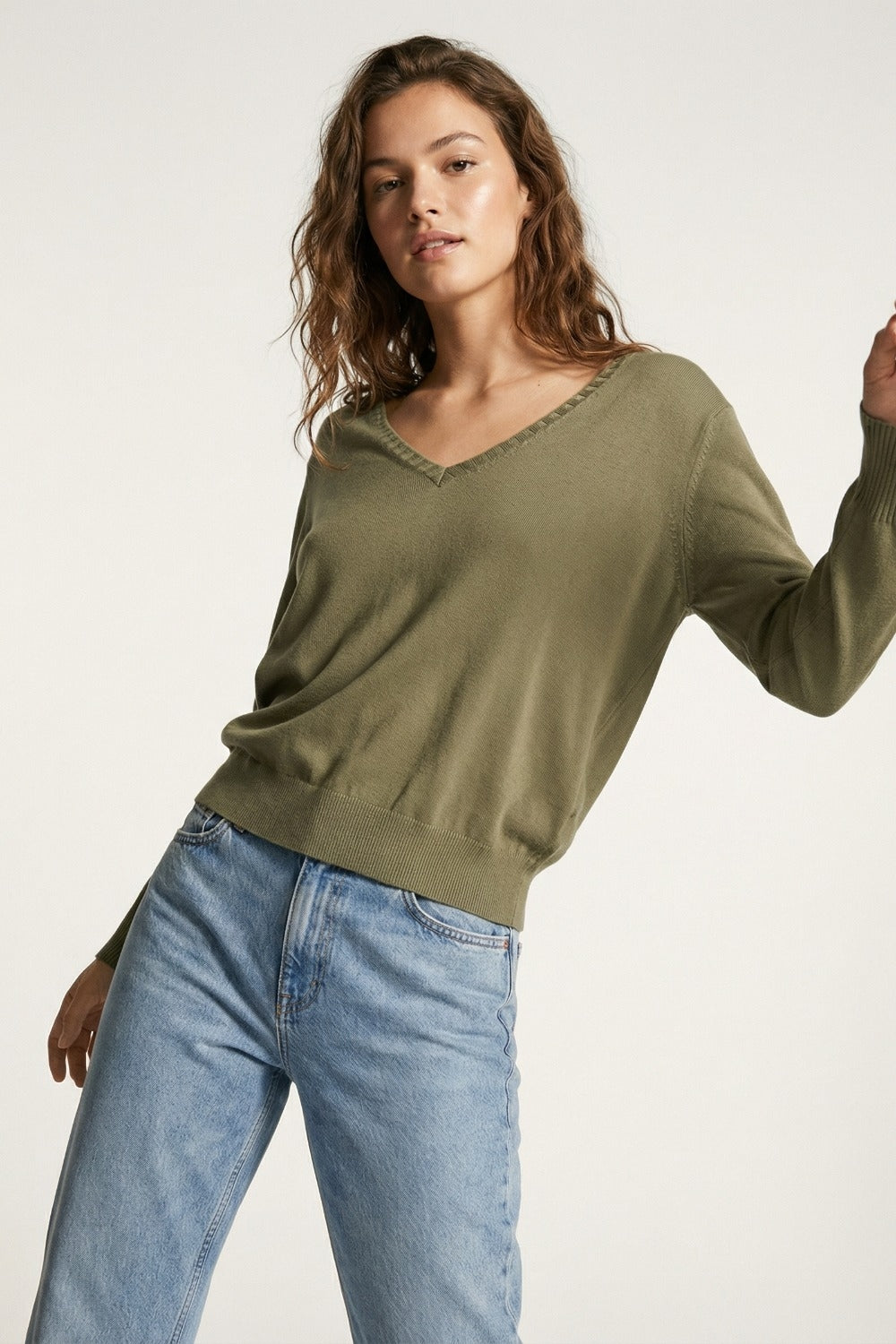 Fine Knit V-Neck Sweater with Decorative Neckline Detail in khaki color - Jumpers
