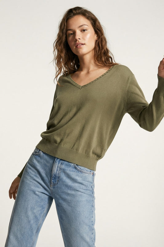 Fine Knit V-Neck Sweater with Decorative Neckline Detail in khaki color - Jumpers
