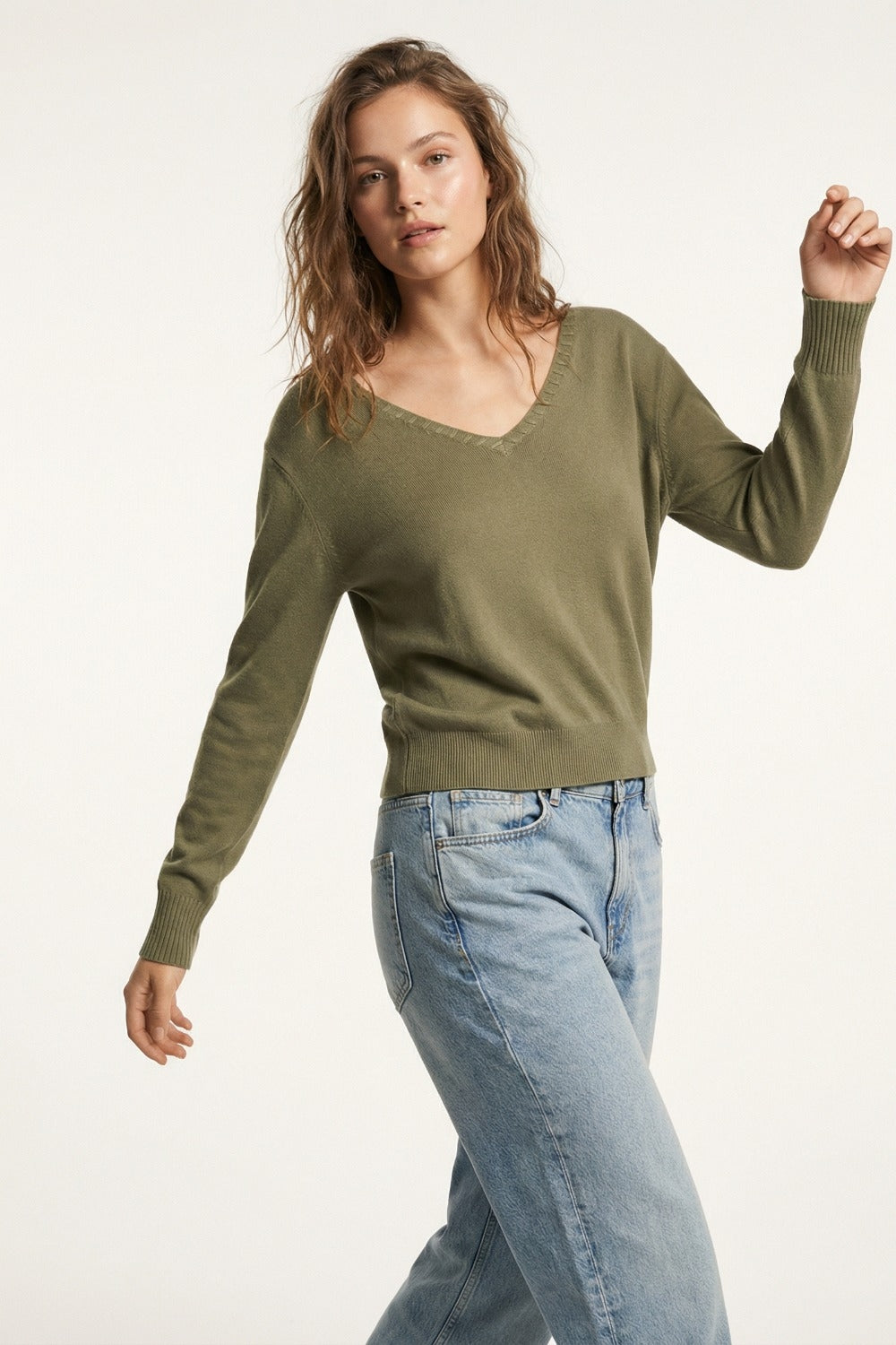 Fine Knit V-Neck Sweater with Decorative Neckline Detail in khaki color - Jumpers